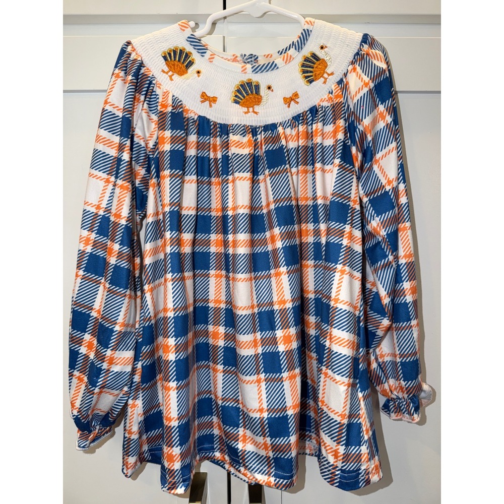 Marie Nicole Clothing Kids Thanksgiving Turkey Smocked Plaid Top Blue Orange 2XL